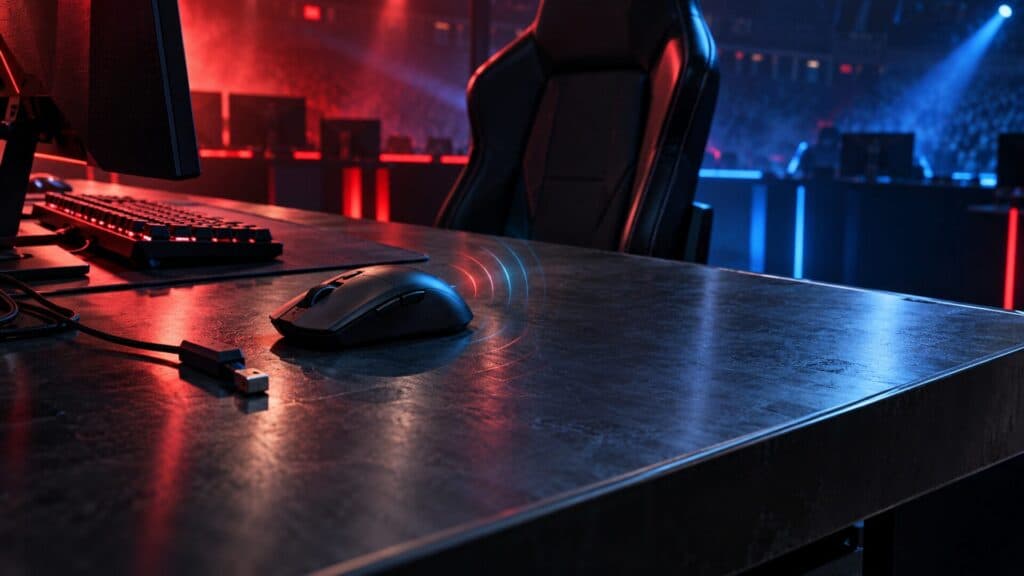 AI ilustracija gaming miša na metalnom natjecateljskom stolu sa svjetlosnim prikazom smetnji