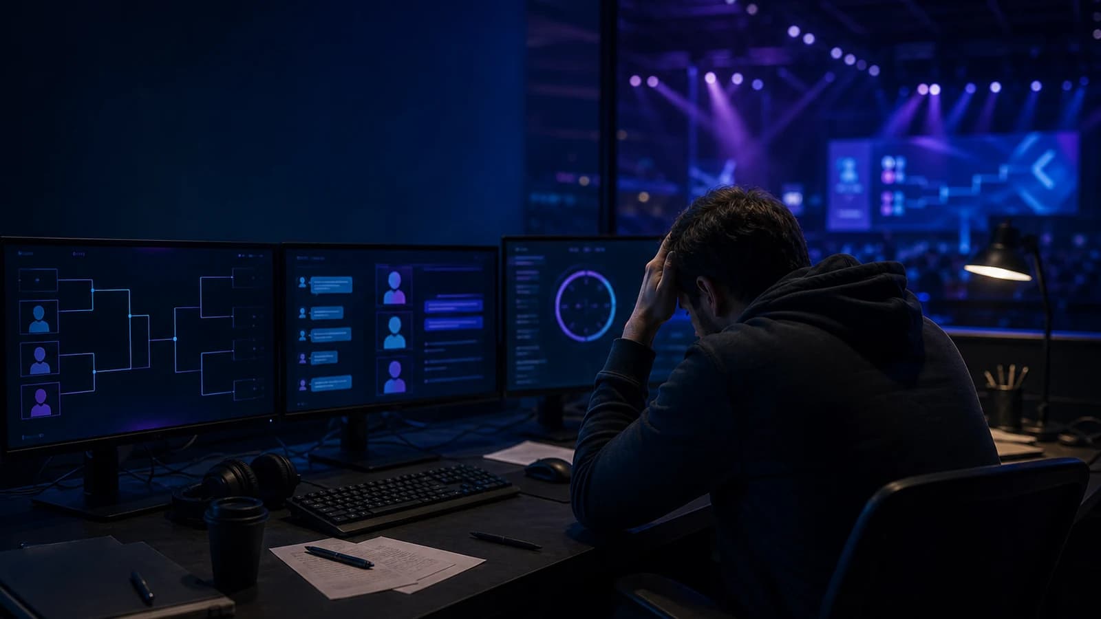 Esport admin desk s monitorima, bracketom i chat obavijestima bez teksta
