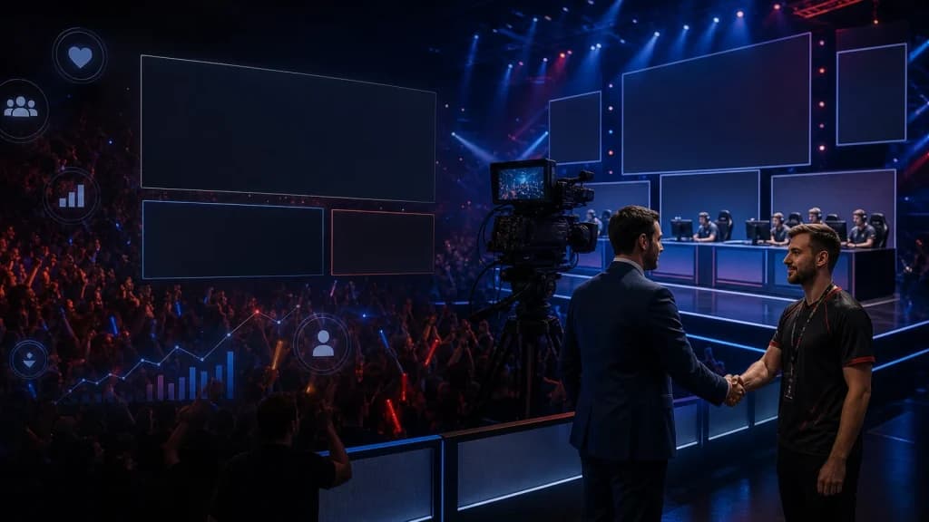 Esport događaj s publikom, kamerom i poslovnim simbolima bez teksta