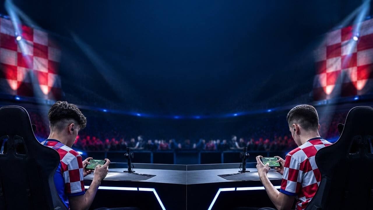 Dvojica mobilnih esport igrača u areni s hrvatskim crveno-bijelim motivima